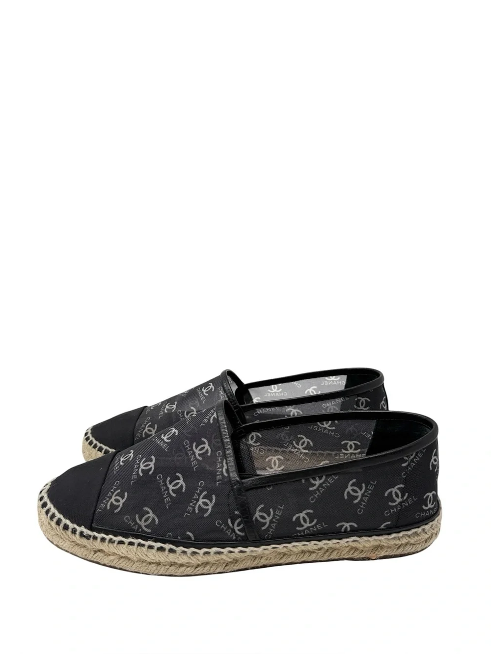 Chanel CC Monogram Logo Black Mesh Grosgrain Cap Toe Espadrilles Size 41